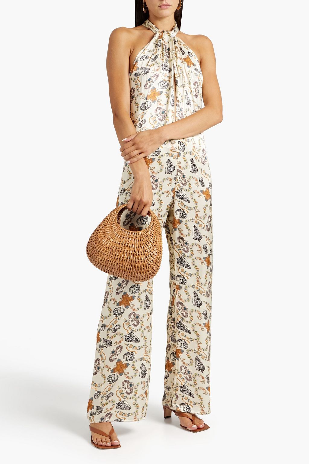 SENSI STUDIO Printed satin halterneck wide-leg jumpsuit