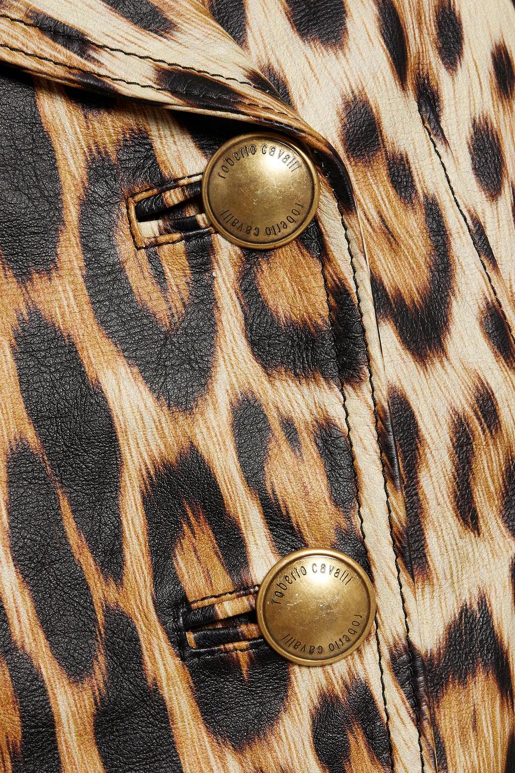 ROBERTO CAVALLI 더블 브레스티드 레오파드 프린트 가죽 바이커 재킷