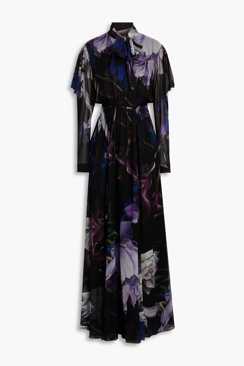 Roberto Cavalli Pussy-bow Floral-print Silk-chiffon Maxi Dress In Purple