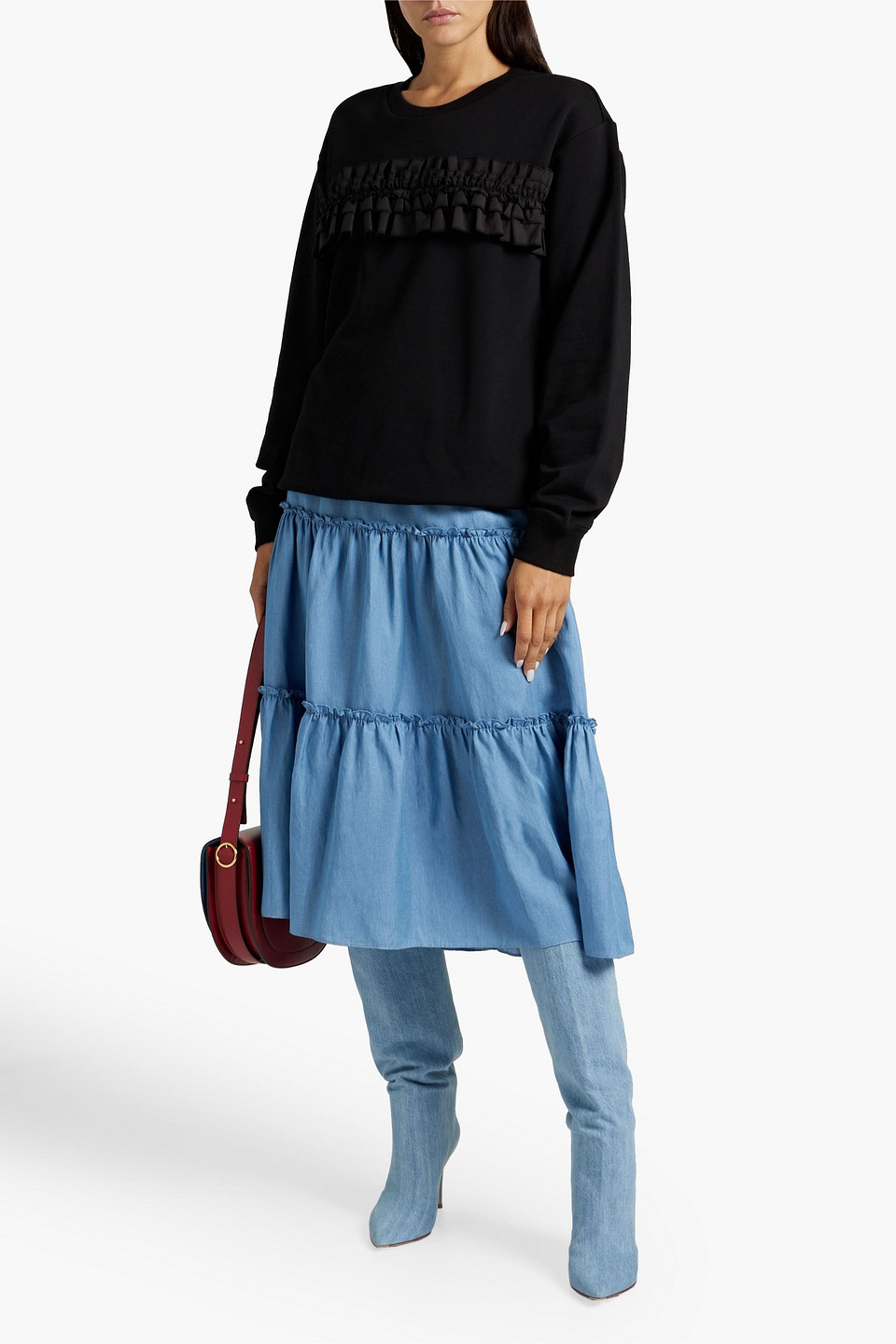 Shop Jason Wu Tiered Twill Midi Skirt In Light Blue