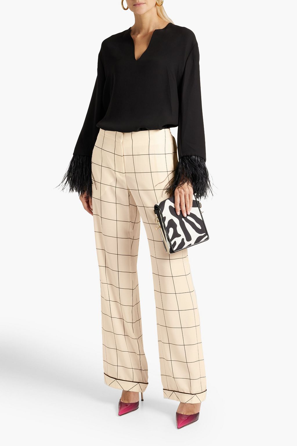 VALENTINO GARAVANI Checked silk crepe de chine wide-leg pants