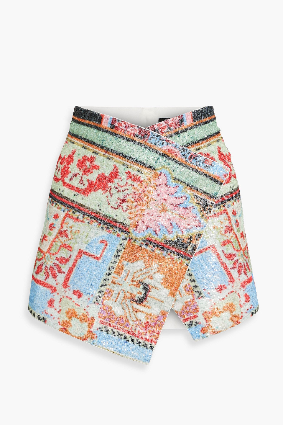 BALMAIN WRAP-EFFECT PRINTED SEQUINED TULLE MINI SKIRT
