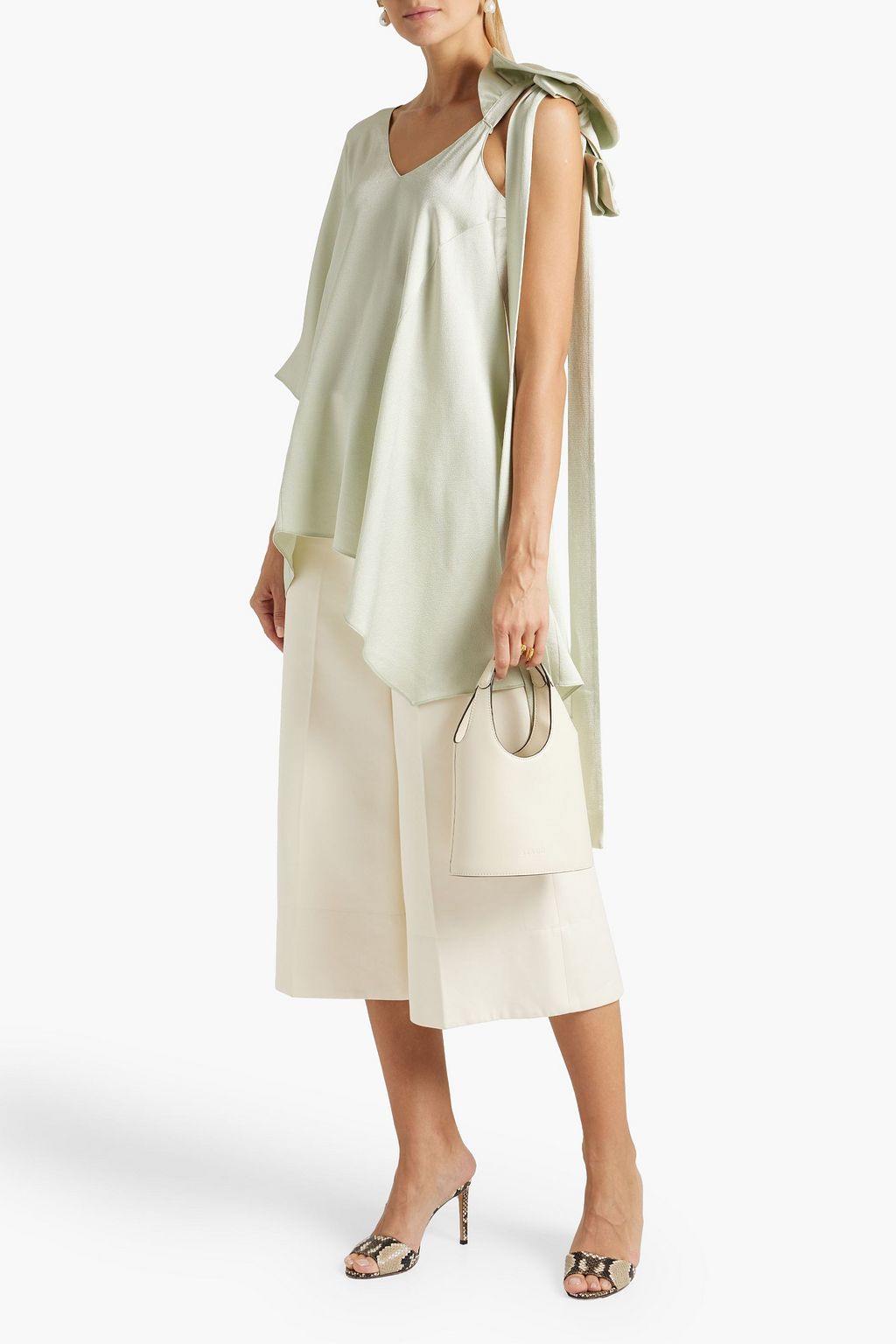 VALENTINO GARAVANI One-sleeve asymmetric ruffled hammered-satin top