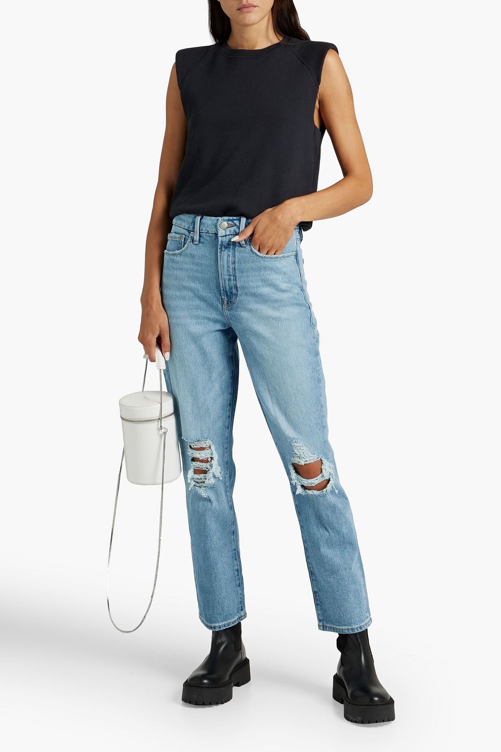 GOOD AMERICAN Good Boy distressed high-rise straight-leg jeans
