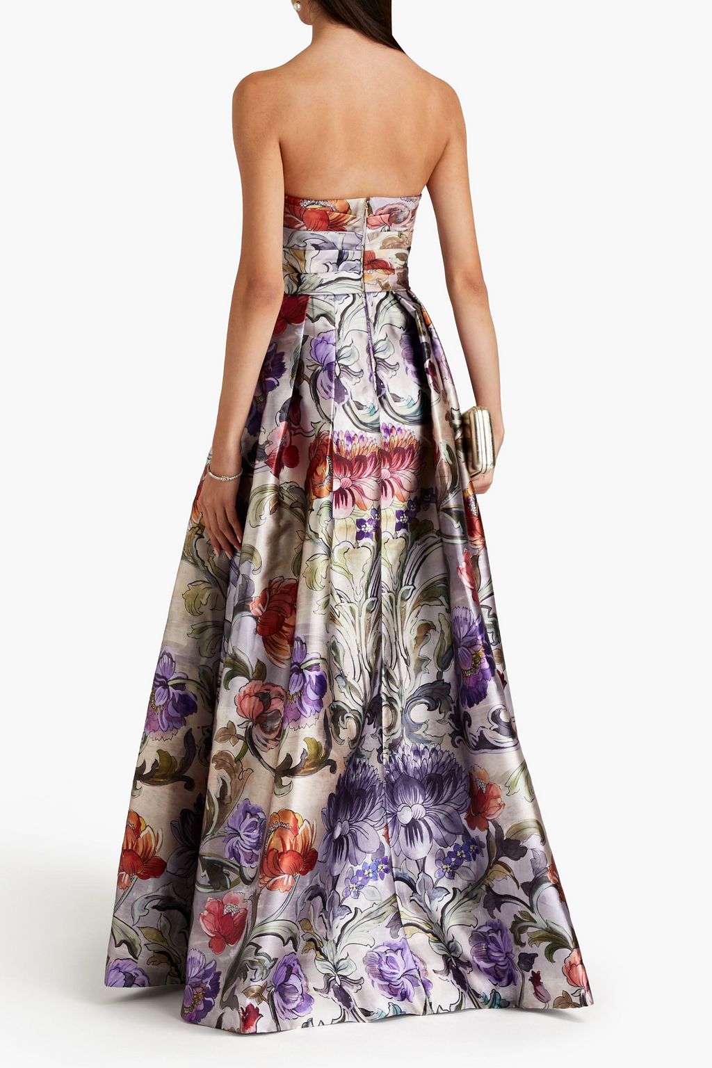 THEIA Strapless pleated floral-print faille gown