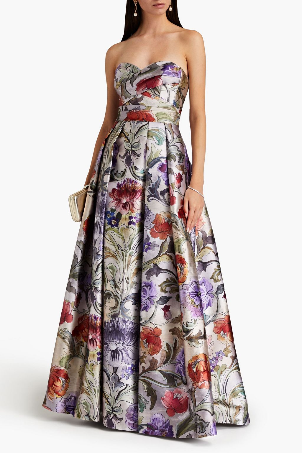 THEIA Strapless pleated floral-print faille gown