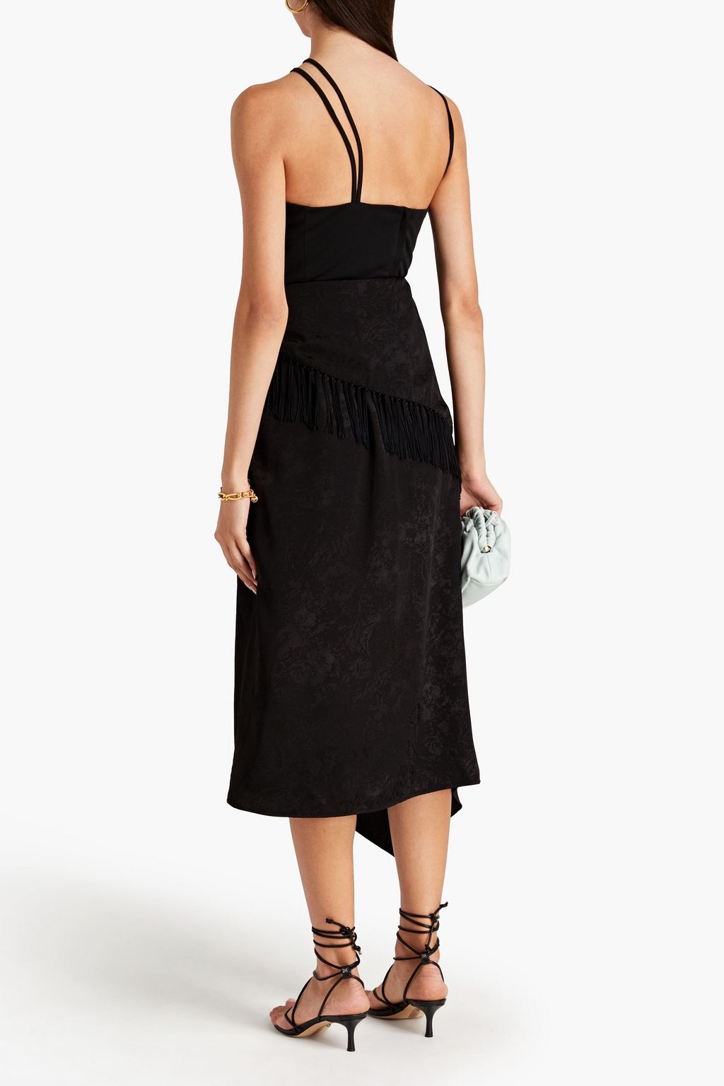 SIMKHAI Asymmetric fringed jacquard midi skirt