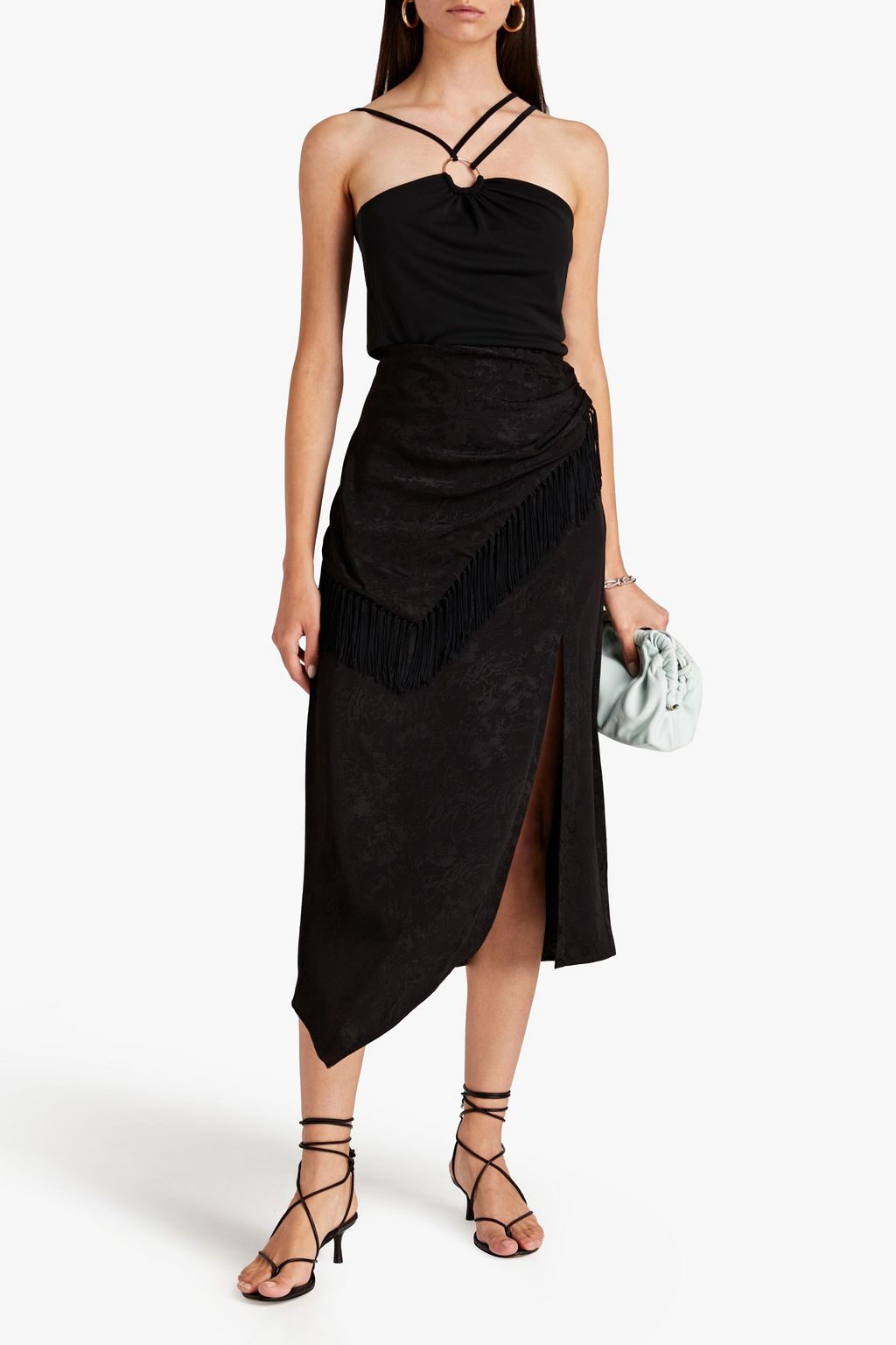 SIMKHAI Asymmetric fringed jacquard midi skirt