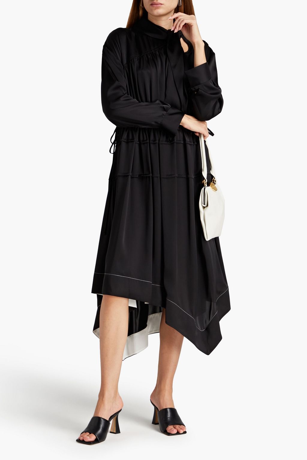 3.1 PHILLIP LIM サテン ミディワンピース アシンメトリー ギャザー&タック入り