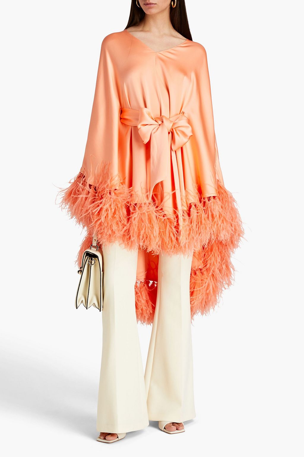 VALENTINO GARAVANI Tie-detailed feather-trimmed silk-satin tunic