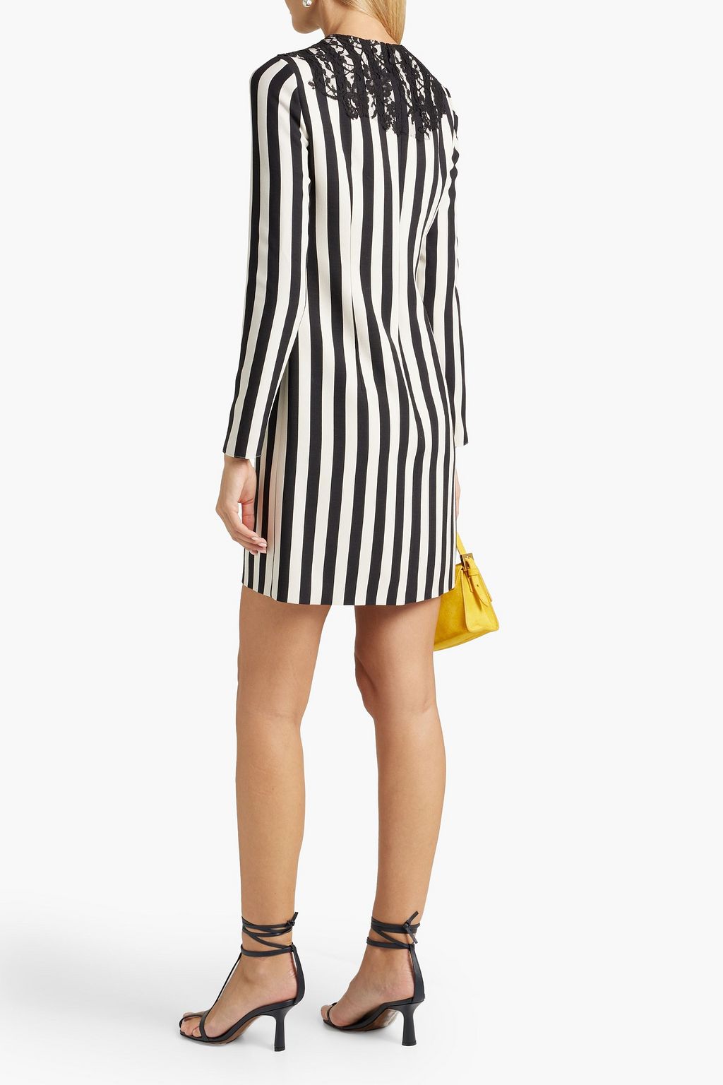 VALENTINO GARAVANI Lace-trimmed striped wool and silk-blend crepe mini dress