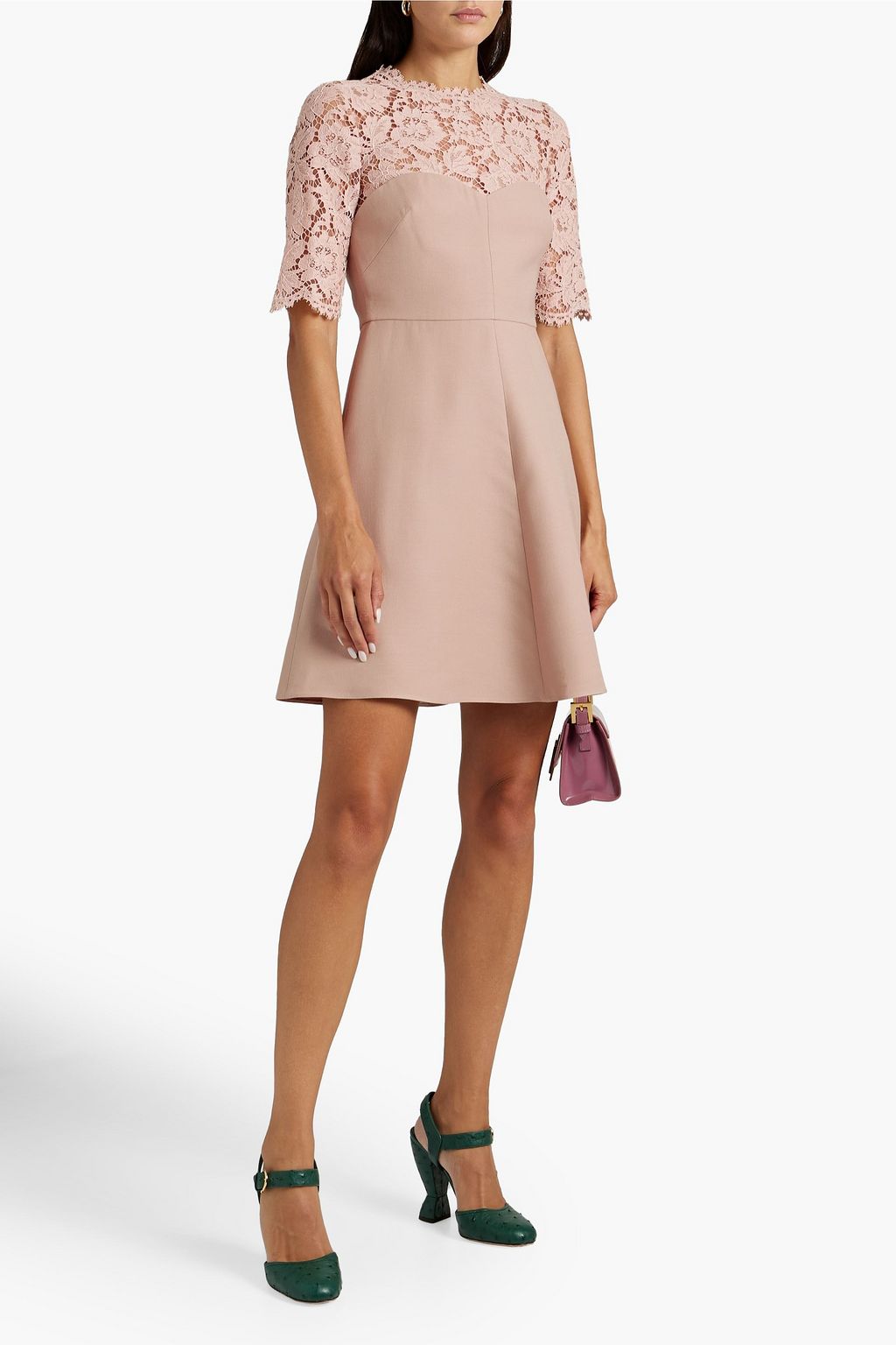 VALENTINO GARAVANI Lace-paneled wool and silk-blend crepe mini dress
