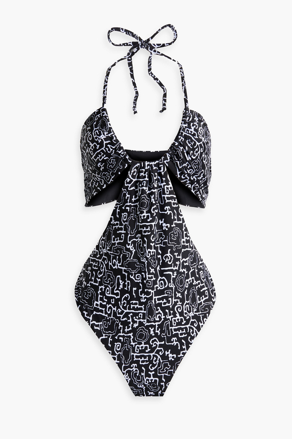 Rosetta Getty Ruched Cutout Printed Halterneck Swimsuit In Black