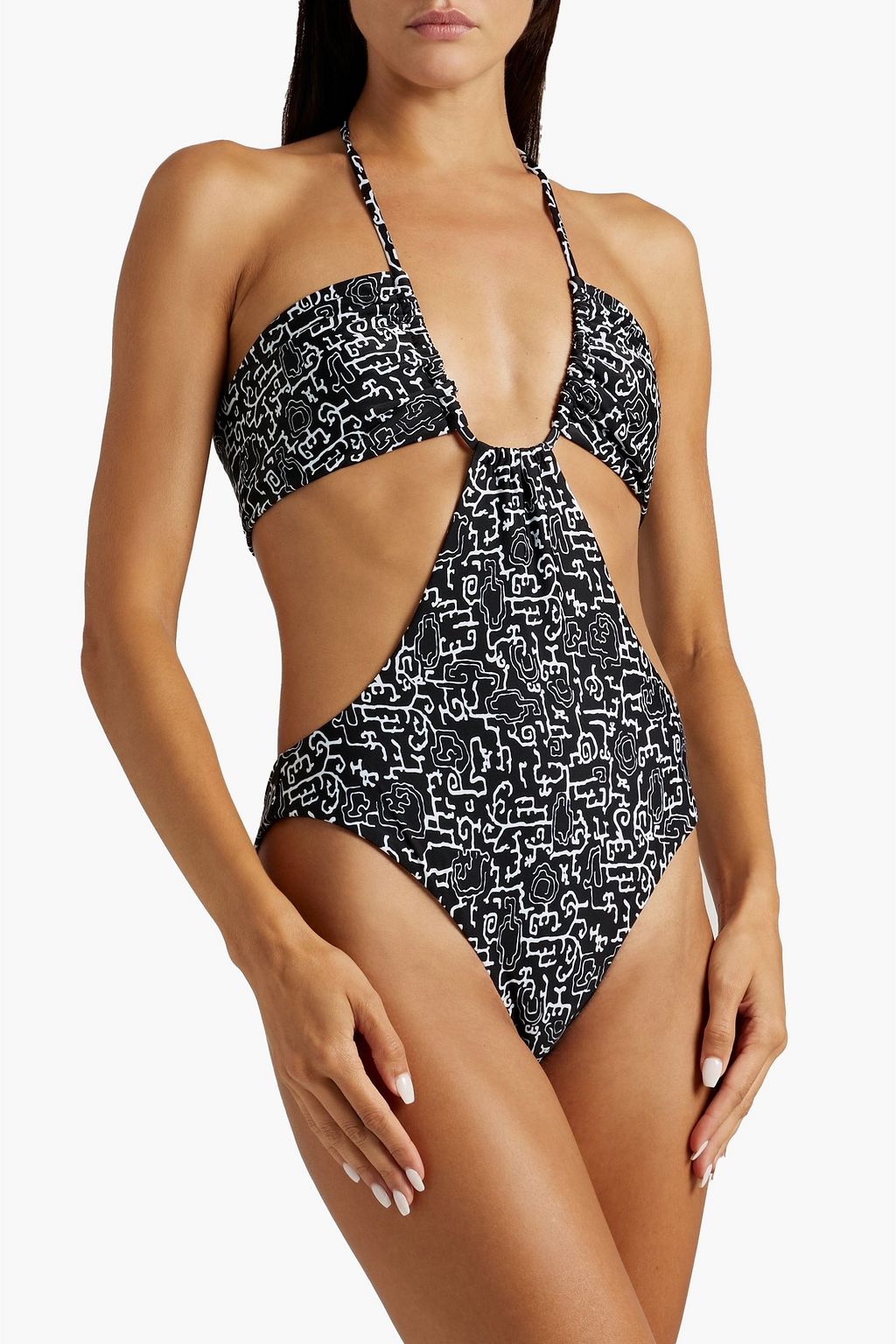 ROSETTA GETTY Ruched cutout printed halterneck swimsuit