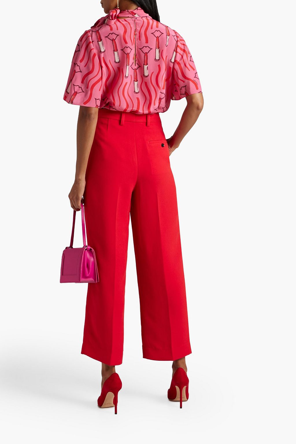 VALENTINO GARAVANI Lace-trimmed pintucked printed silk-crepe blouse