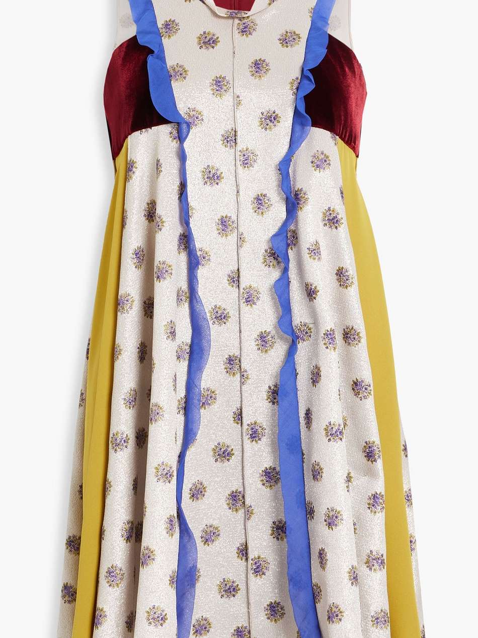 velvet-paneled metallic textured-crepe mini dress