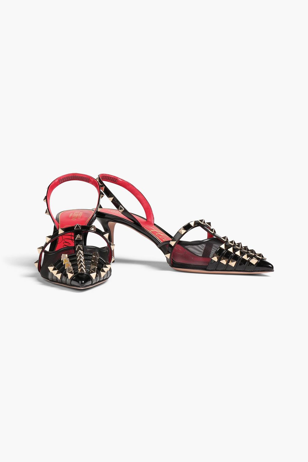 VALENTINO GARAVANI Rockstud Alcove mesh and patent-leather slingback ...