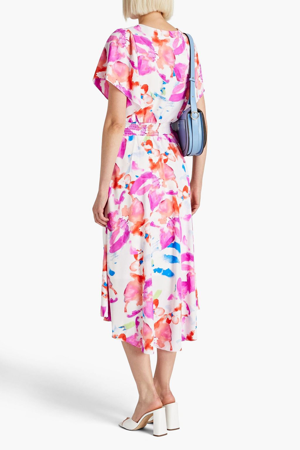 DKNY Shirred printed crepe de chine midi dress