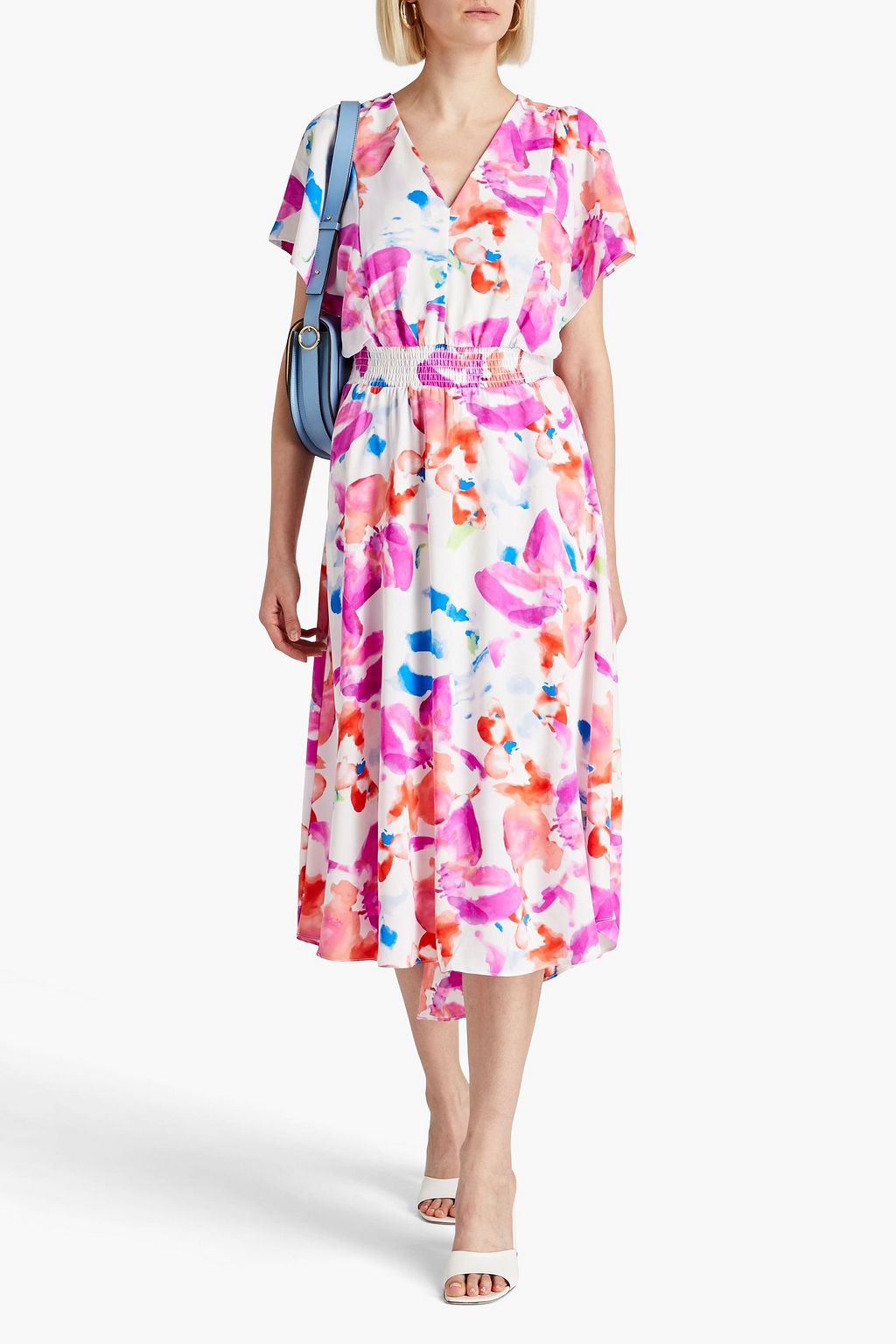 DKNY Shirred printed crepe de chine midi dress
