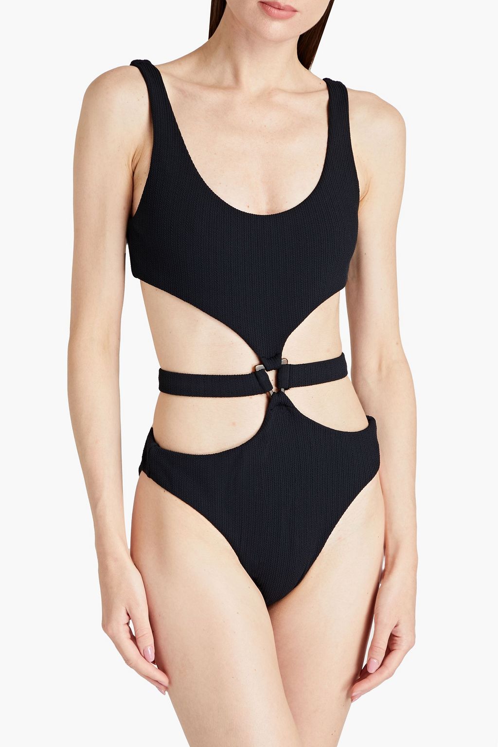 SIMKHAI Emelia cutout stretch-seersucker swimsuit