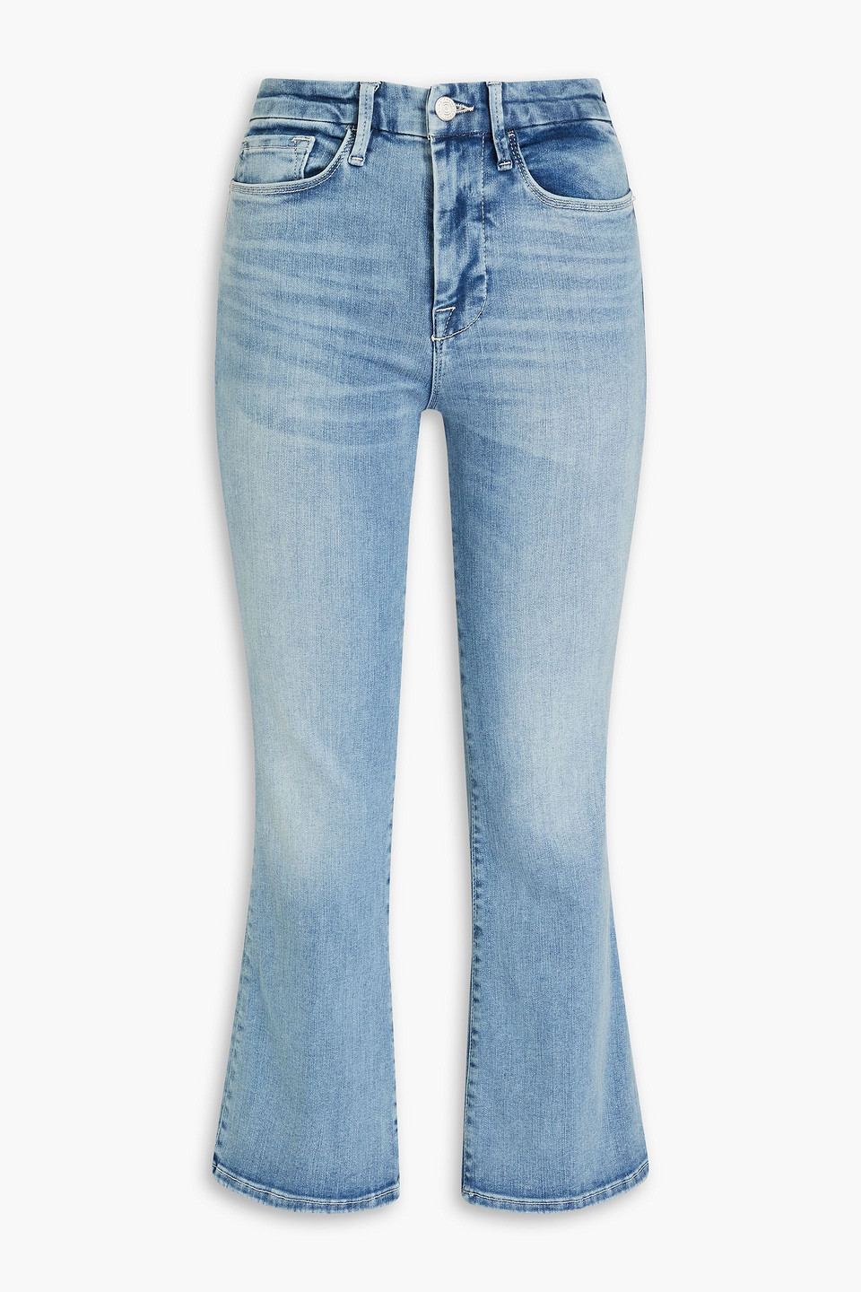 Shop Frame Le One Crop Mini Boot Faded High-rise Bootcut Jeans In Light Blue