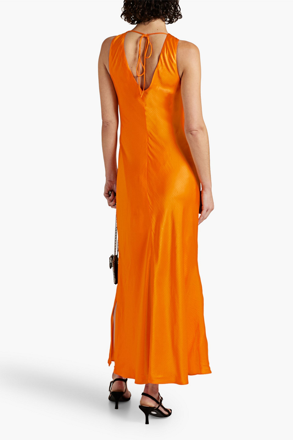 Shop Frame Lace-up Satin-jacquard Maxi Dress In Saffron