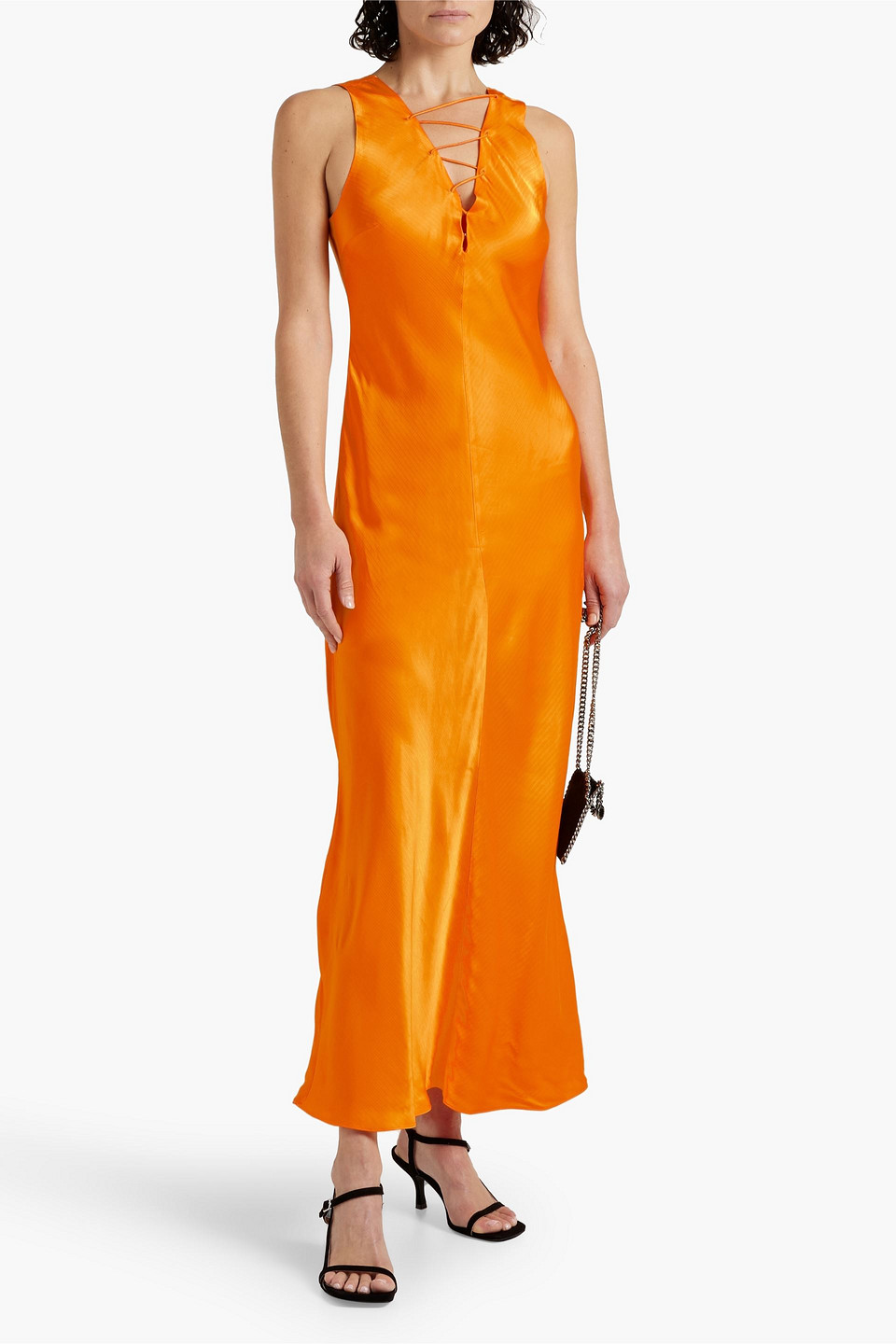 Shop Frame Lace-up Satin-jacquard Maxi Dress In Saffron