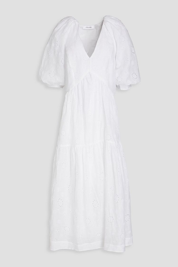 FRAME Gathered broderie anglaise midi dress THE