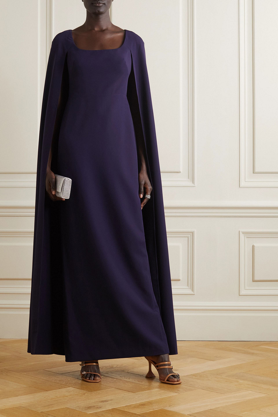 MARCHESA NOTTE CAPE-EFFECT STRETCH-CREPE GOWN
