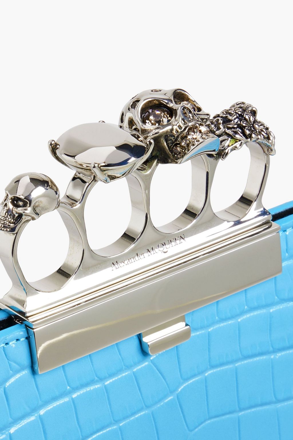 MCQUEEN Skull Four Ring embellished croc-effect leather clutch