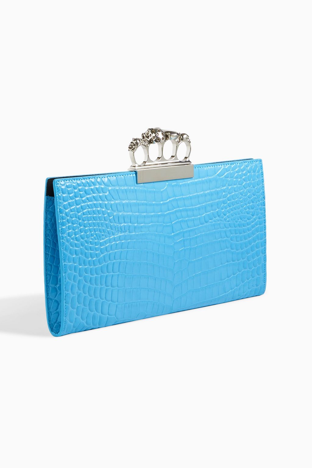 MCQUEEN Skull Four Ring embellished croc-effect leather clutch
