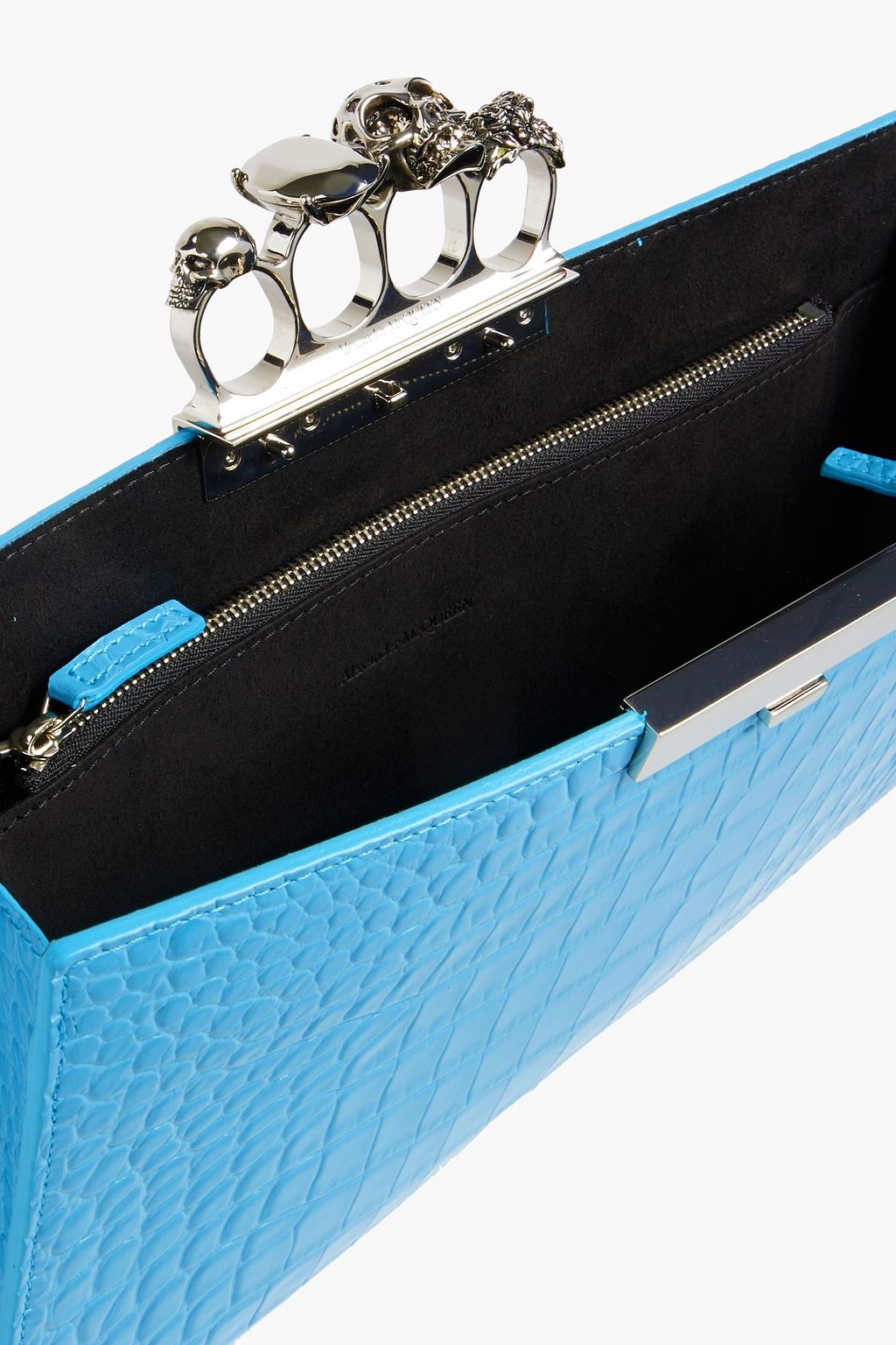 MCQUEEN Skull Four Ring embellished croc-effect leather clutch