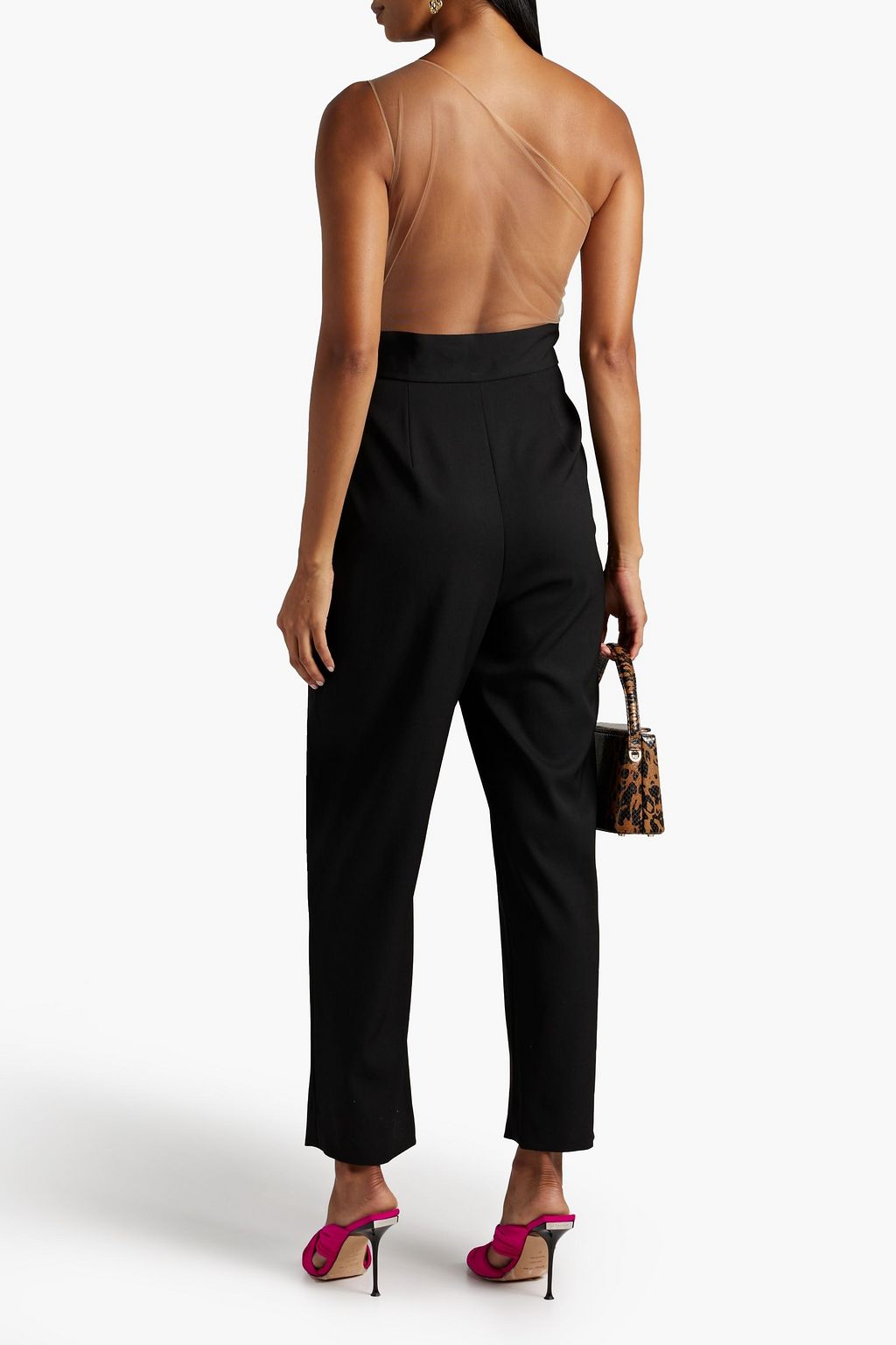 OSCAR DE LA RENTA One-shoulder tulle-paneled wool-blend twill jumpsuit