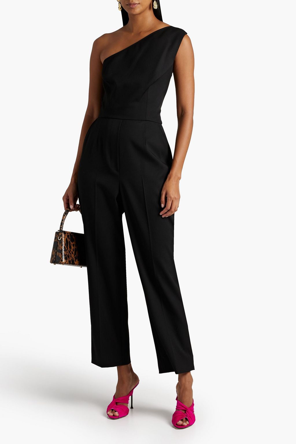 OSCAR DE LA RENTA One-shoulder tulle-paneled wool-blend twill jumpsuit