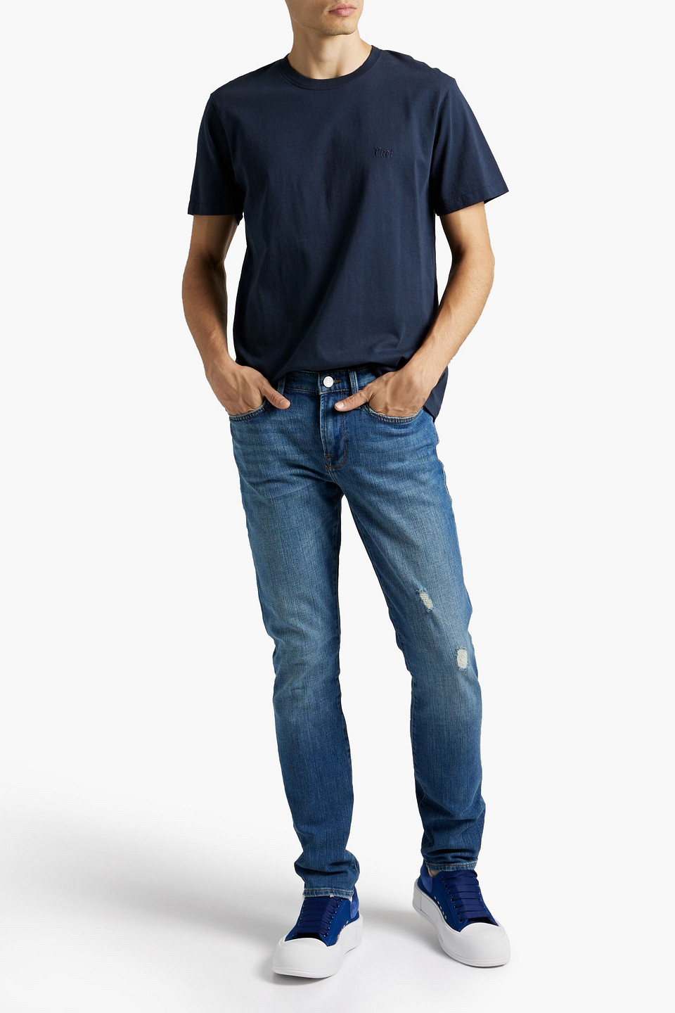 Shop Frame L'homme Skinny-fit Distressed Denim Jeans In Mid Denim