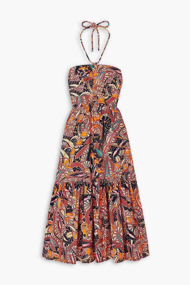 Adelle tiered printed cotton-poplin halterneck maxi dress