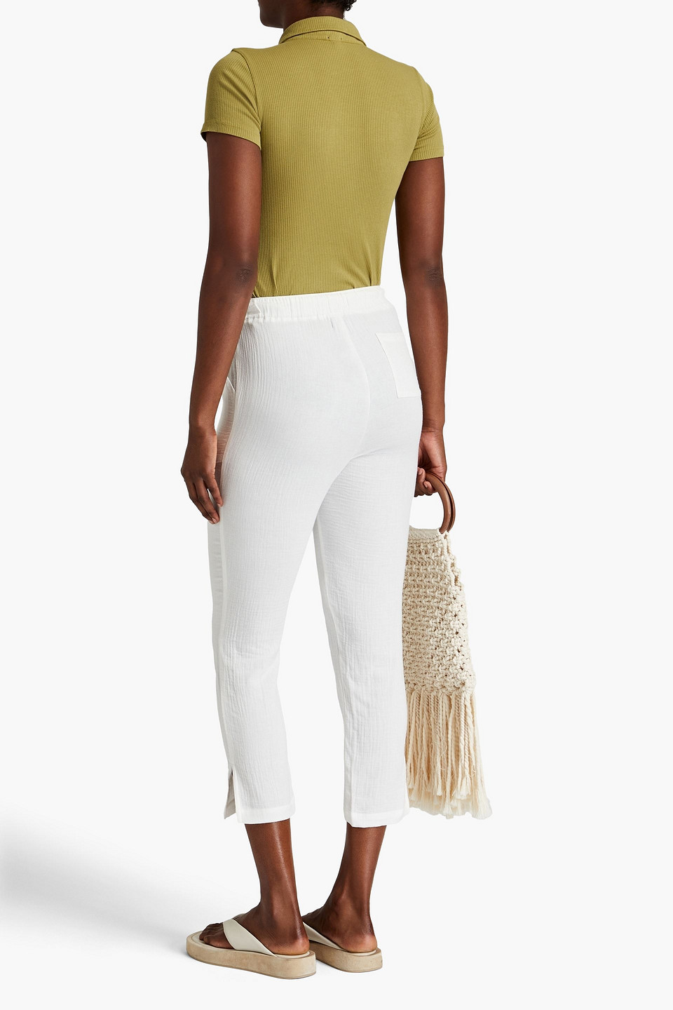 Shop Monrow Cropped Cotton-gauze Bootcut Pants In White