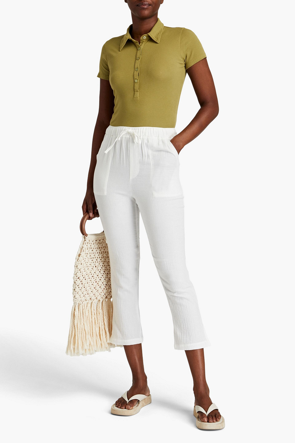 Shop Monrow Cropped Cotton-gauze Bootcut Pants In White