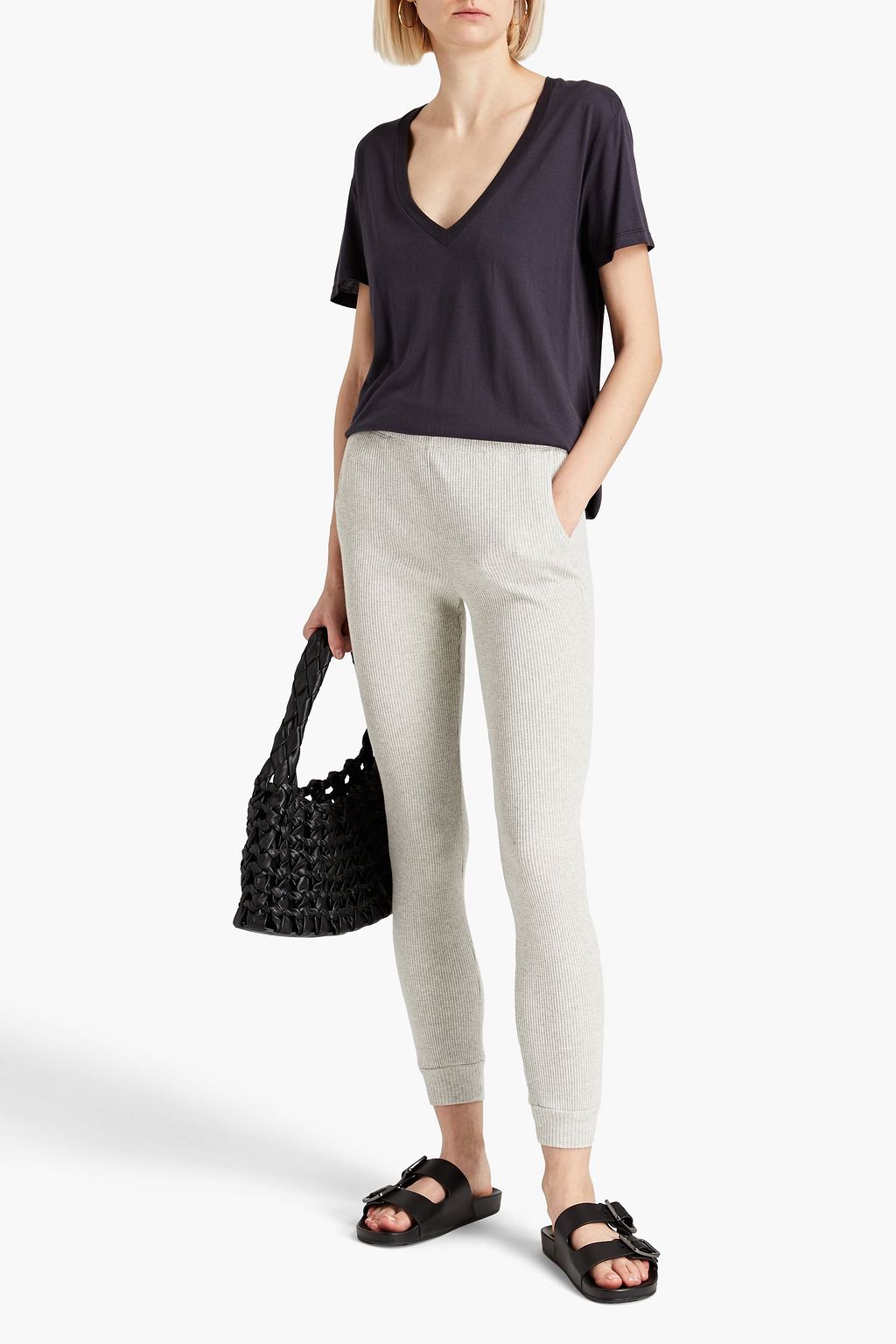 MONROW Ribbed mélange cotton-blend jersey track pants