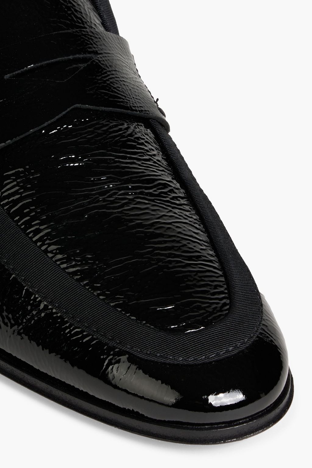 TOD'S Grosgrain-trimmed crinkled patent-leather loafers
