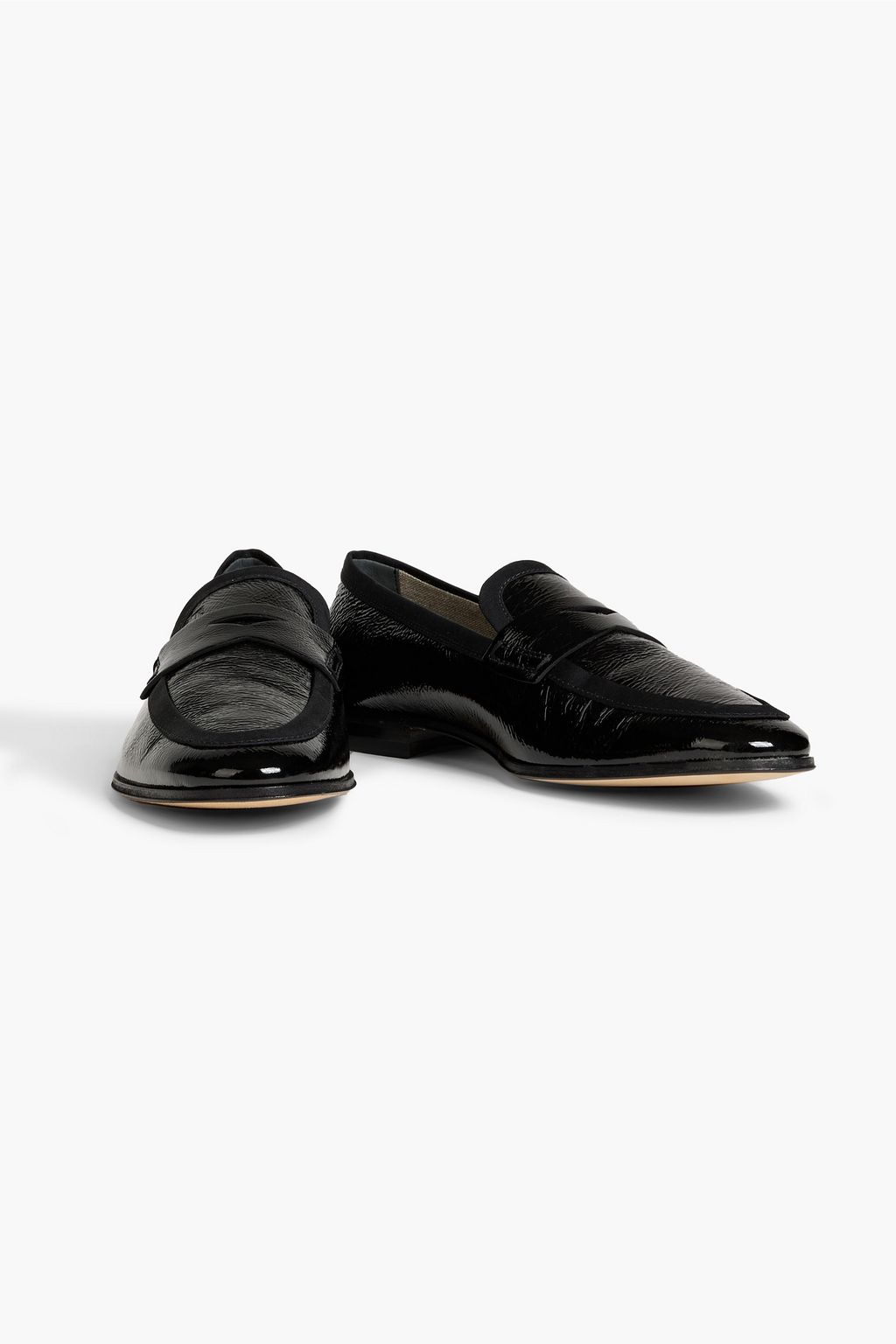 TOD'S Grosgrain-trimmed crinkled patent-leather loafers