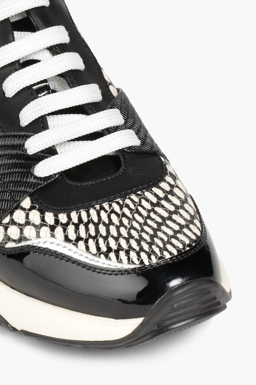 FERRAGAMO Printed patent and textured-leather sneakers