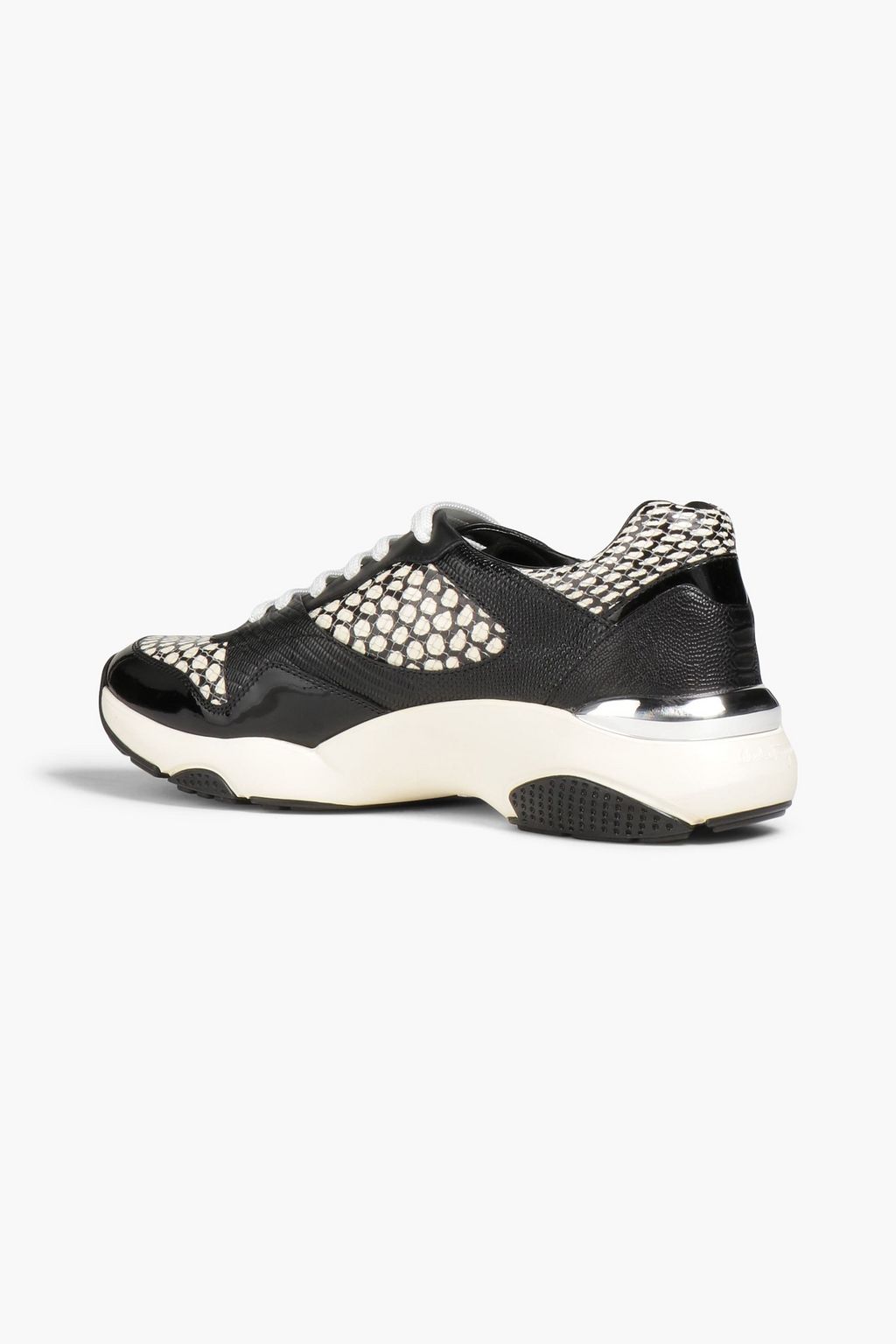 FERRAGAMO Printed patent and textured-leather sneakers