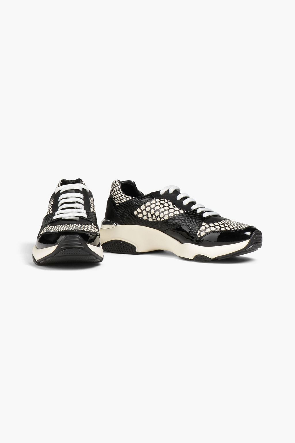 FERRAGAMO Printed patent and textured-leather sneakers