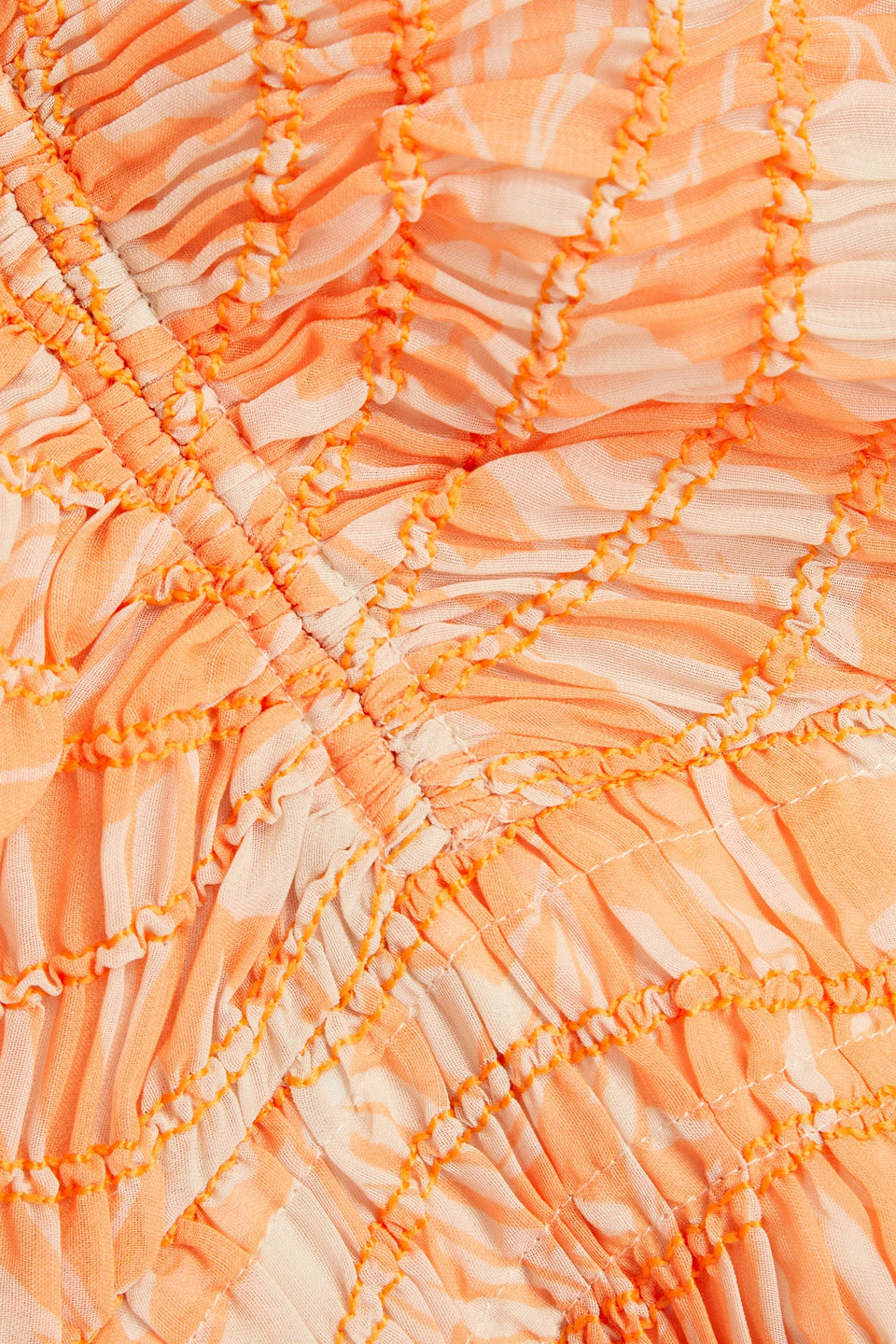 Simkhai Lena Shirred Printed Chiffon Mini Dress In Orange