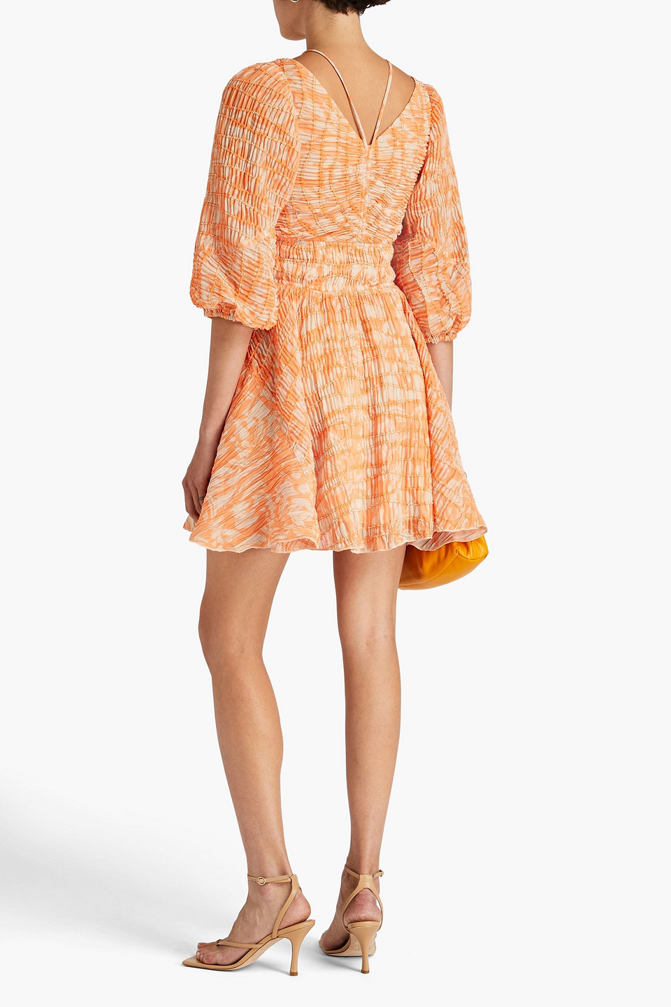 Simkhai Lena Shirred Printed Chiffon Mini Dress In Orange