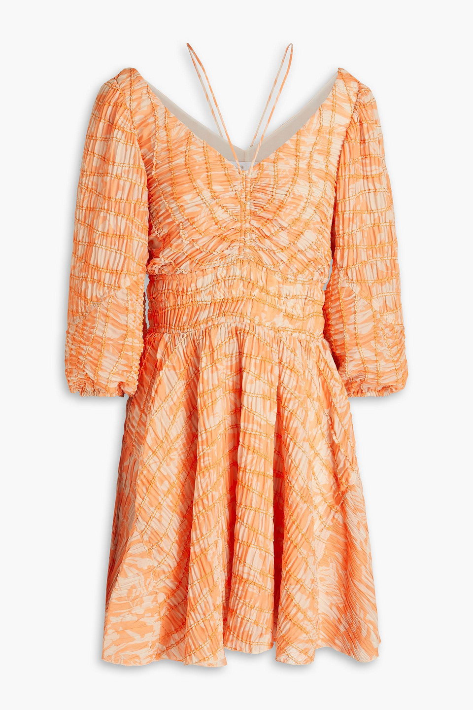 Simkhai Lena Shirred Printed Chiffon Mini Dress In Orange