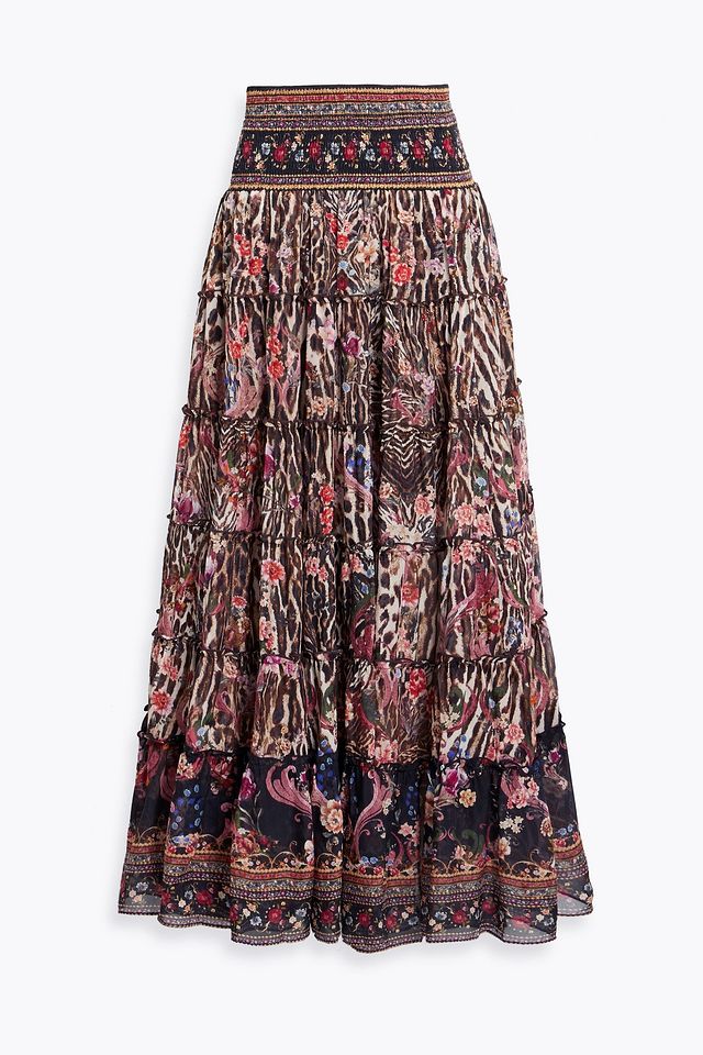 Tiered printed silk maxi skirt