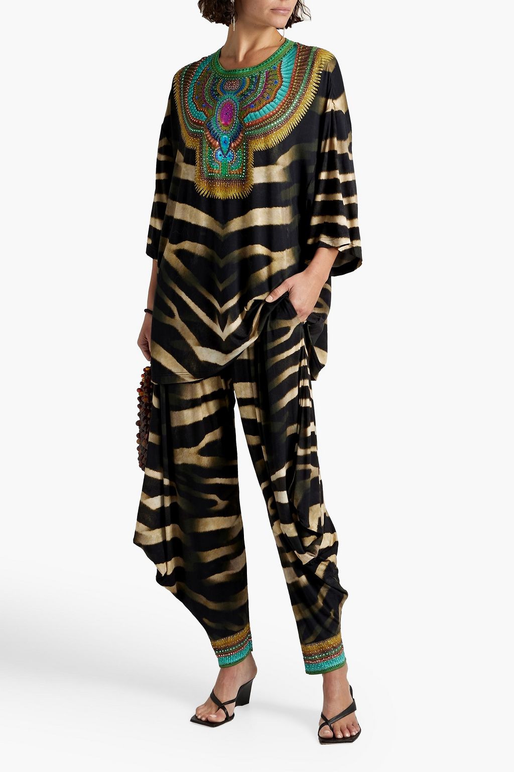 CAMILLA Bakora crystal-embellished printed stretch-modal tapered pants