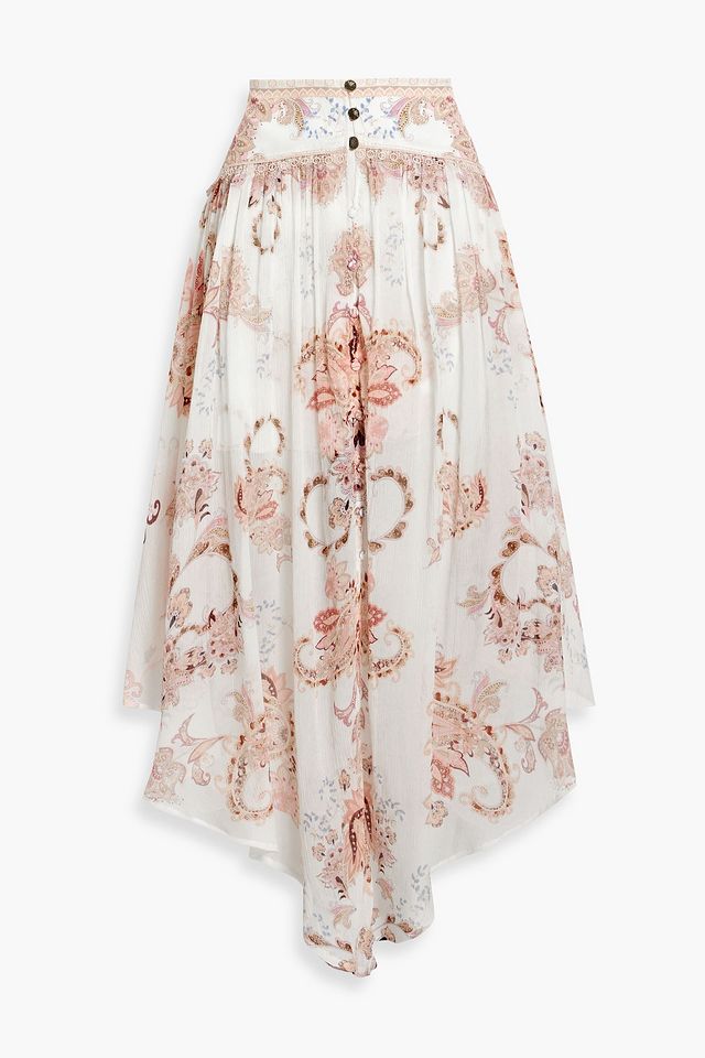 Asymmetric printed silk-georgette midi skirt